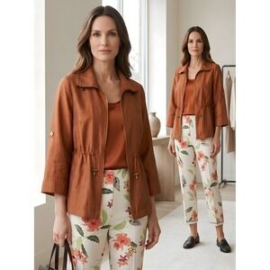 Ruby Rd Linen Blend Jacket Size 8 Copper Brown Zip Front Collared 3/4 Sleeve